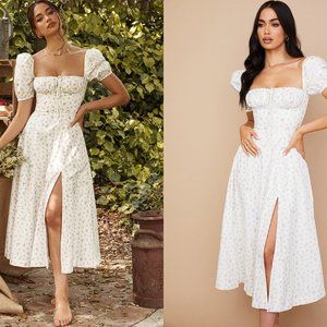 HOUSE OF CB 'Tallulah' White Floral Puff Sleeve Midi Dress NWT